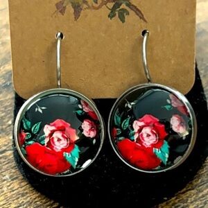 Red and Black Floral Print Lever Back Stainless Steel Earrings, NWT, Unworn